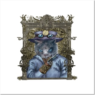 Cat in Blue Leather Jacket with Magical Bracelet in Steampunk Frame Posters and Art